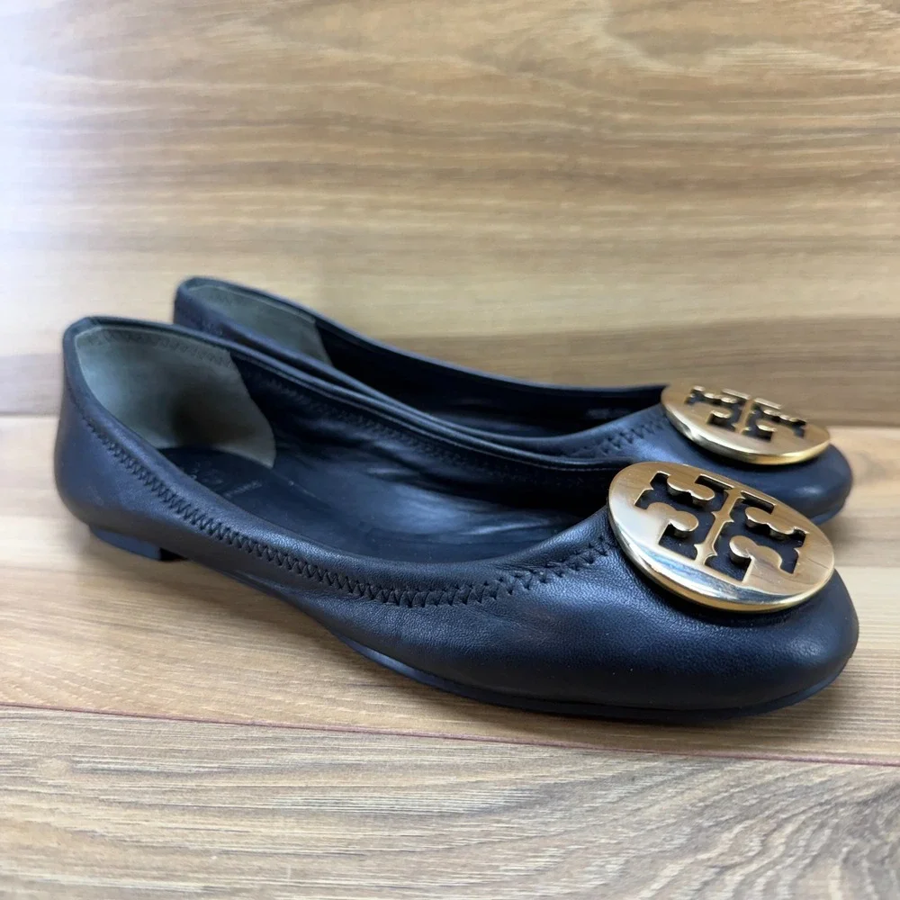 Tory Burch Reva Flats Black Soft 6.5 M Soft Leather Gold Logo Modern Office Walk